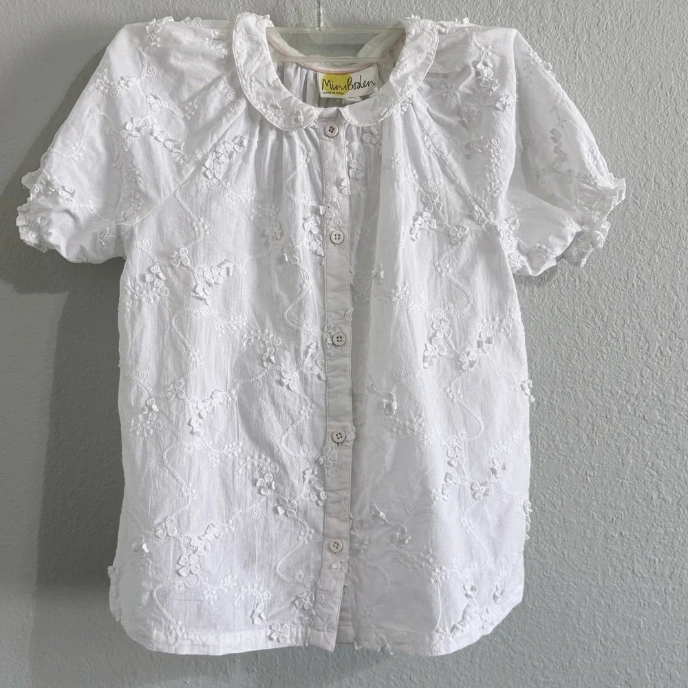 Mini Boden Girls 6-7Y White Embroidered Cotton Peter Pan Collar Blouse